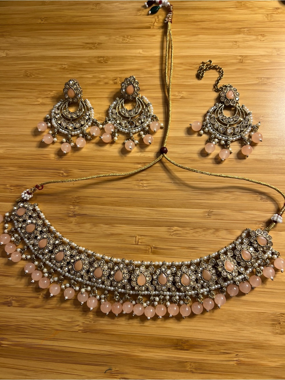 Peach Stone and Pearl Indian wedding jewelry set- earrings, necklace, tikka